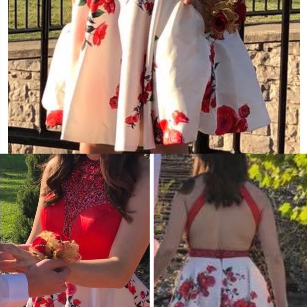 Red & White Floral One Piece Homecoming Dress - Gem